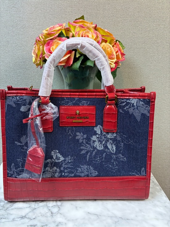 Kurt Geiger Handbags - Kurt Geiger Blue Floral Denim & Red Croc Embossed Leather Chiswick Tote - NWT